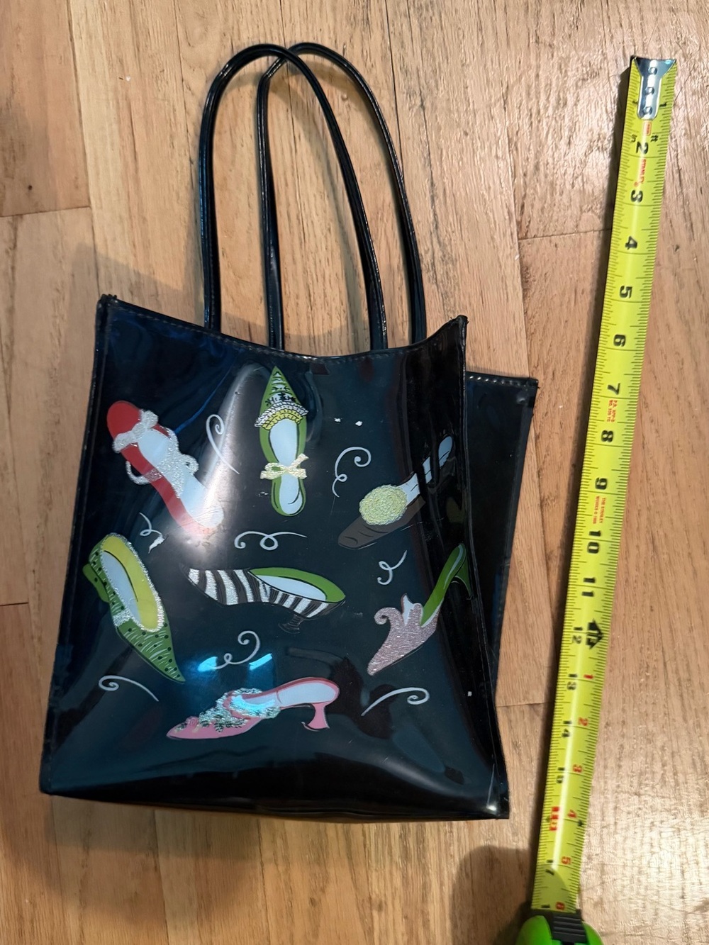 Designer-Inspired Black Patent Tote with Colorful Shoe Motif